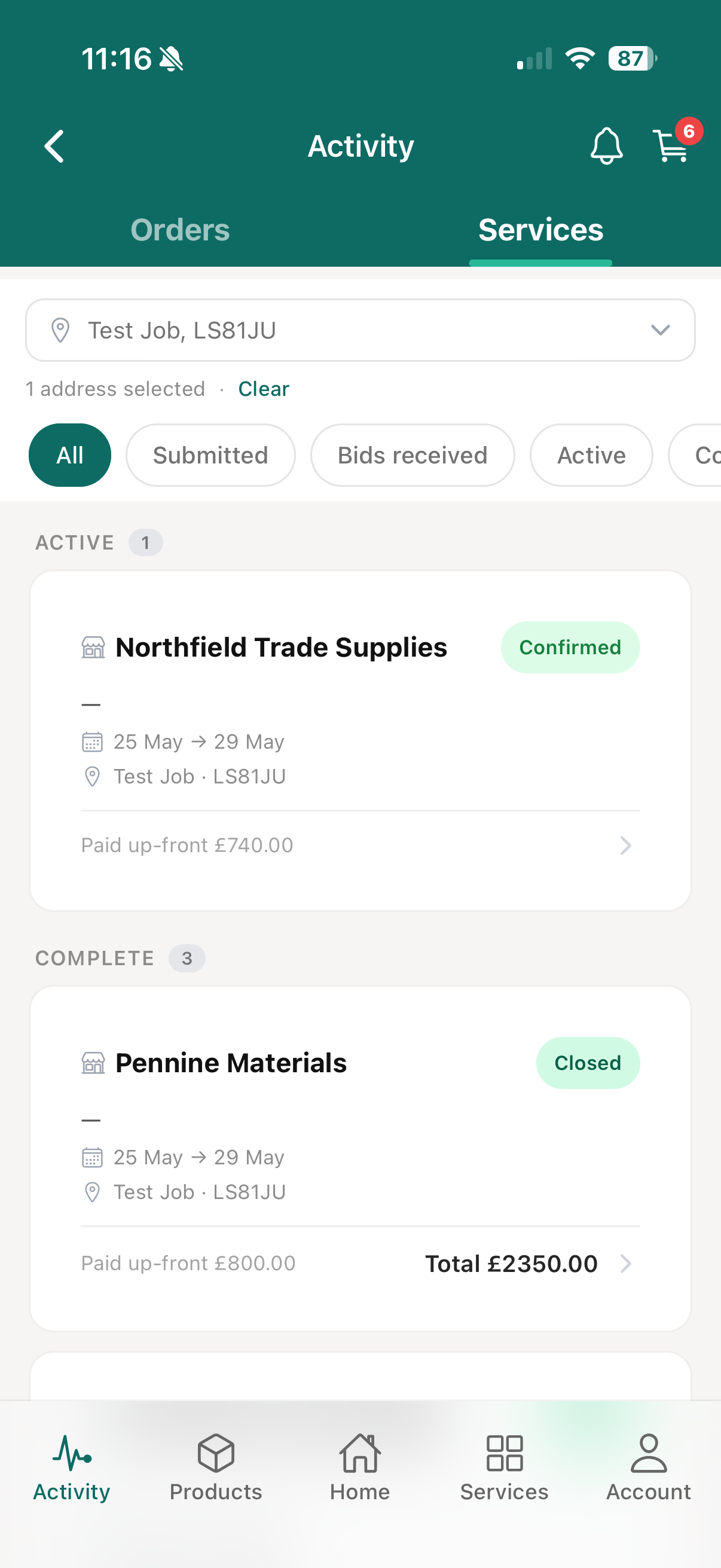 Activity organised on a job-by-job basis in the Merchant Link app